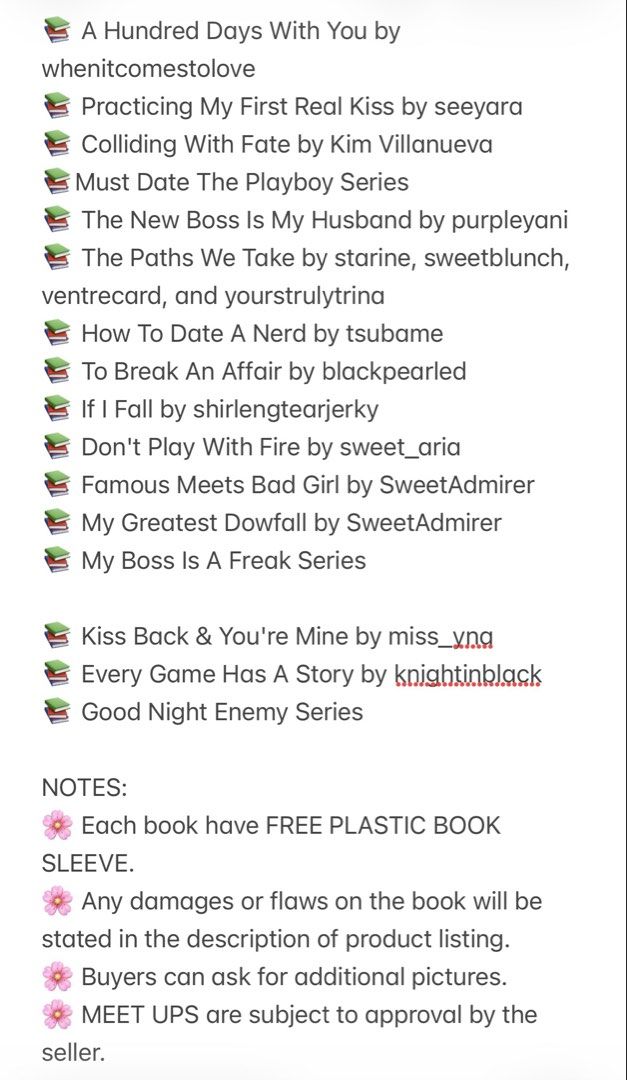 To Break An Affair by Blackpearled (Category: Storybooks) located in Manila. Submitted by lauwi (Listing ID 1429081862, Image 2). Description: SELLING PRE-OWNED WATTPAD / POP FICTION BOOKS RFS: DECLUTTERING TITLE: TO BREAK AN AFFAIR Condition: BRAND NEW NEVER OPENED IF YOU HAVE ANY QUESTION, JUST PM ME! OTHER BOOKS: 📚 A Hundred Days With You by whenitcomestolove 📚 Practicing My First Real Kiss by seeyara 📚 Colliding With Fate by Kim Villanueva