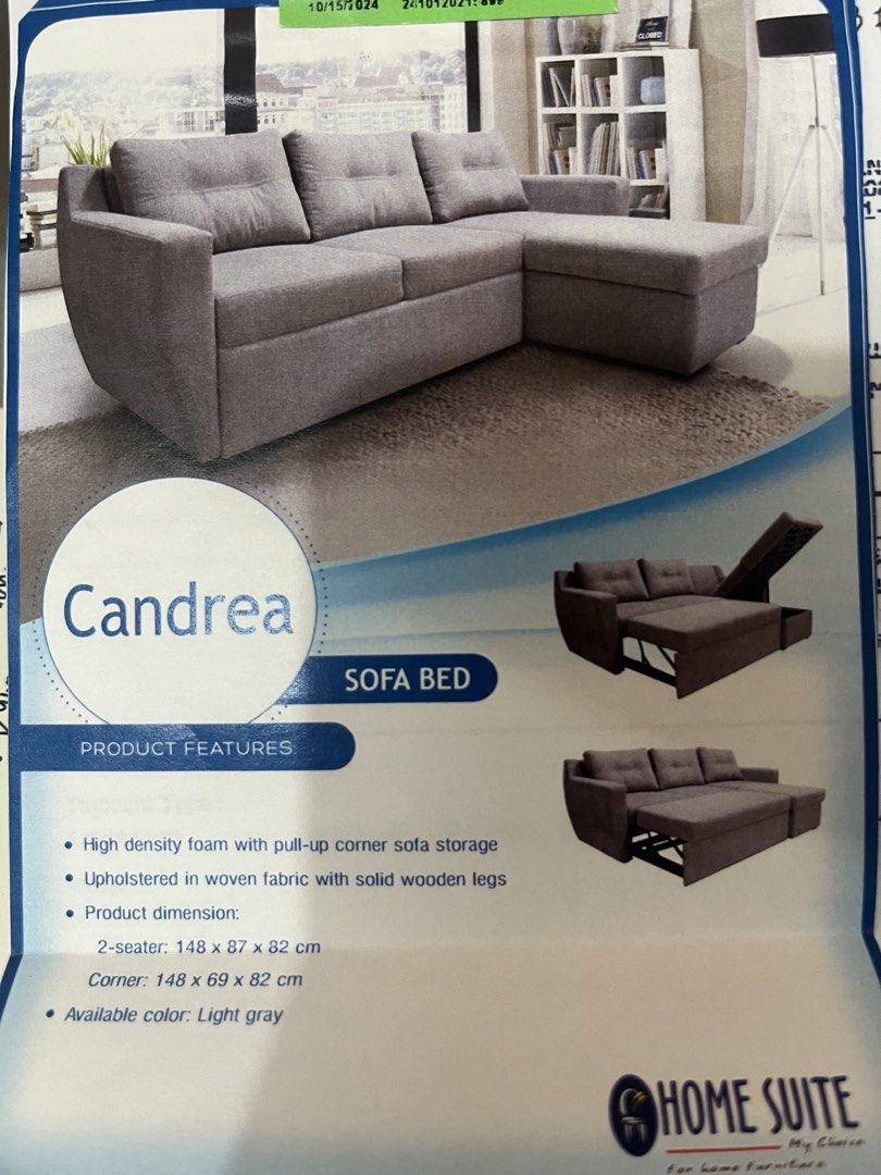 Uratex Candrea Sofa Bed (Category: Sofas) located in Antipolo. Submitted by heypee (Listing ID 1429009899, Image 3). Description: - high density foam with pull up corner sofa storage - upholstered in woven fabric with solid wooden legs -size/dimensions on the 3rd photo -bought in November 2024 for 38k in Uratex Santolan -still in very good condition Selling for 22,000.