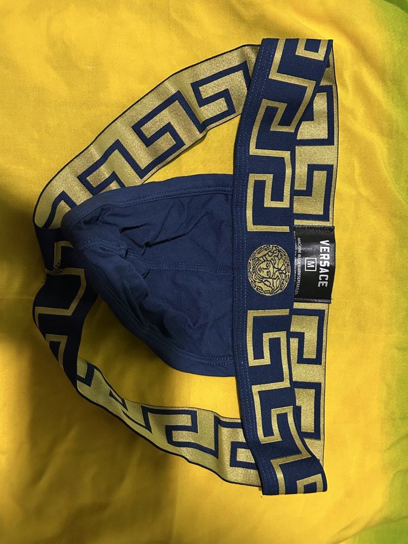 Versace Jockstrap - Medium (Category: Underwear) located in Rodriguez. Submitted by mnl_premium_essentials (Listing ID 1429056787, Image 2). Description: Versace jockstraps in various colors. Features the iconic Versace logo on the waistband. Available in navy blue, gray, and white. Size is Medium. Made with a comfortable material and designed for support. Perfect for everyday wear or special occasions. Take all 3 for 600 250/pc.