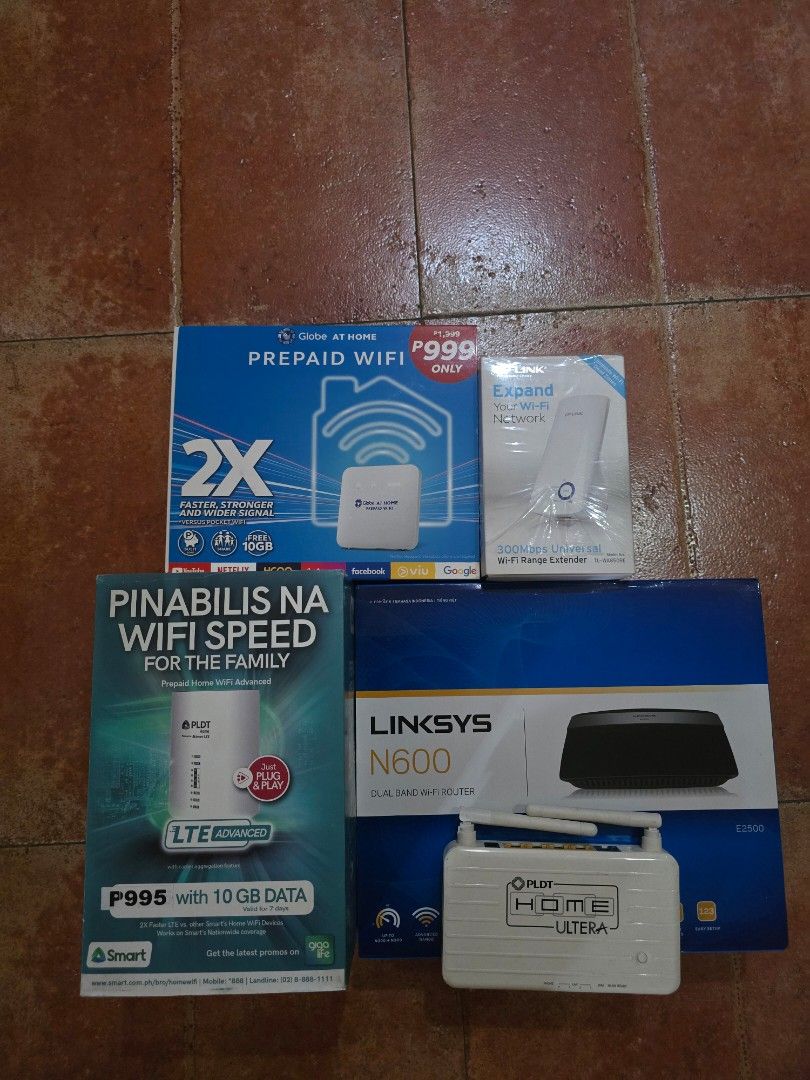 Wifi Router Bundle (Category: Networking) located in Dasmarinas. Submitted by kenzoblaze1 (Listing ID 1429071444, Image 1). Description: Linksys N600 - Box, unit, and Power Adapter PLDT home wifi - Box, Unit and power adapter Globe AtHome Wifi - Box, Unit and power adapter TPlink wifi extender - box, unit Pldt Home Ultera - Unit Only All are working.