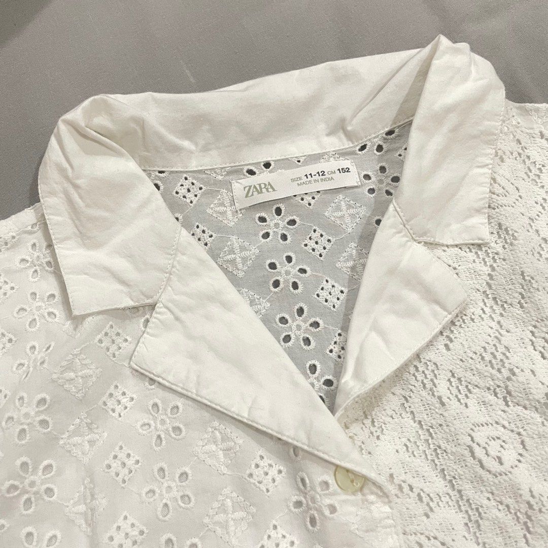 ZARA Kids White Embroidered Patchwork Shirt (Category: Shirts) located in Manila. Submitted by ffranchesca (Listing ID 1429111899, Image 2). Description: Size: 11-12y (152cm) Cropped for small body framed women .