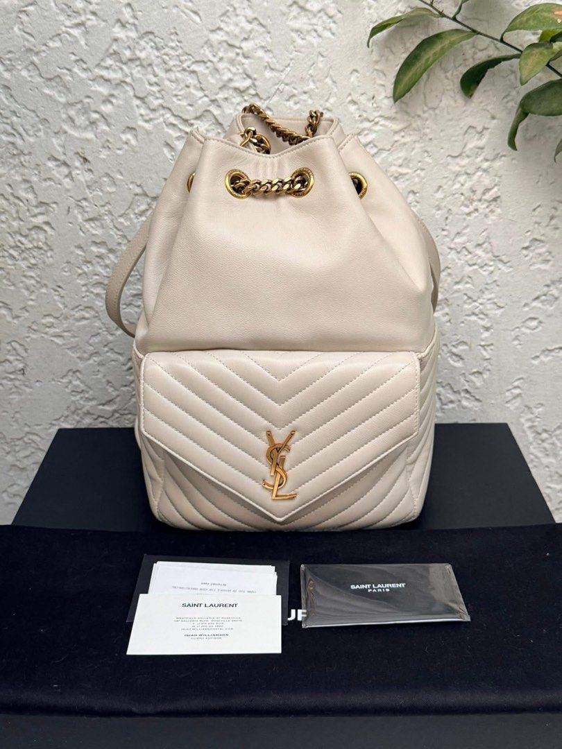 Authentic YSL Joe Drawstring Leather Backpack Bag Off White (Category: Luxury Bags & Wallets) located in Quezon City. Submitted by jhaediah (Listing ID 1366536164, Image 1). Description: Joe Drawstring Leather Backpack Bag Off White 💓3/3 Guaranteed Authentic Comes with Box,Dust bag,Cards and Receipt .