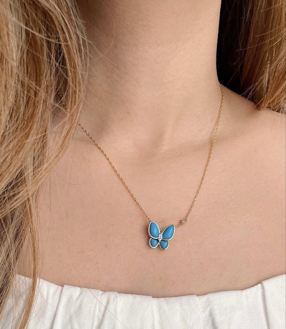 Butterfly Pendant Necklace (Category: Necklaces) located in Paranaque City. Submitted by seektoshop (Listing ID 1422025953, Image 1). Description: - Gold-toned butterfly pendant - Turquoise-colored wings - Clear stone center - Delicate gold chain - Small clear stone accent on chain - Suitable for everyday wear and special occasions - stainless steel - 14k gold plated, tarnish free - skin friendly .