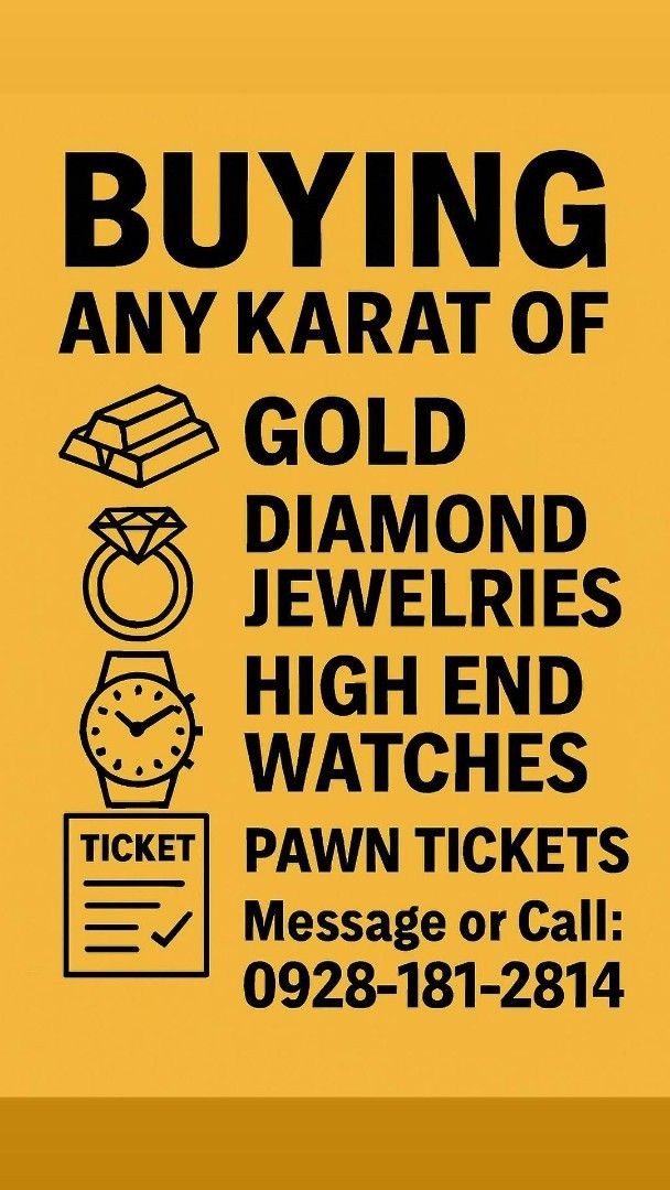 BUYING GOLD (Category: Looking For) located in Quezon City. Submitted by dazzlejeweller (Listing ID 1424370794, Image 1). Description: - Buying any karat of gold - Also buying diamond jewelries and high-end watches and luxury bags - Purchasing high-end watches - Accepting pawn tickets Direct Message here..