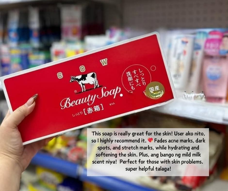 Cow Beauty Soap (Category: Bath) located in Iloilo. Submitted by krizzzie (Listing ID 1424384294, Image 1). Description: - Cow Beauty Soap - Fades acne marks, dark spots, and stretch marks - Hydrates and softens skin - Mild milk scent - Perfect for those with skin problems 💯Fresh from Japan 6pcs/1 box.