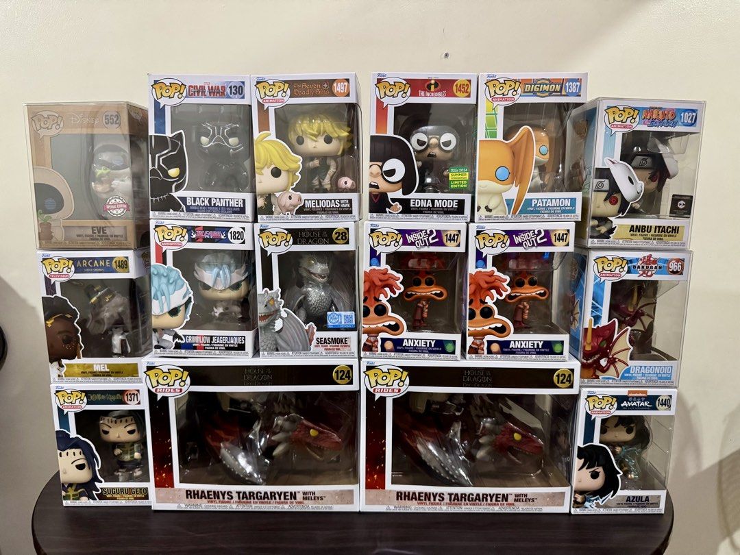 Funko Pops (Category: Figurines & Statues) located in Quezon City. Submitted by erickpasco (Listing ID 1424442197, Image 1). Description: Rhaenys Targaryen with Meleys - 1,800 ea Seasmoke - 1,000 Suguru Geto - 750 Black Panther - 450 Anxiety - 400 ea Mel - 600 Dragonoid - 500 Grimmjow - 500 Anbu Itachi - 800 Eve - 1,000 Patamon - 300 Azula - 650 Edna Mode - 500 Meliodas - 500 Velociraptors (Blue and Beta) - 700 The Child - 300 Dark Magician - 200
