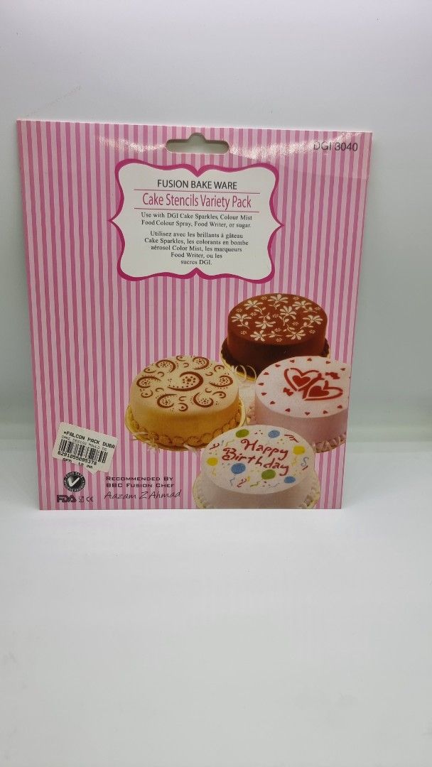 Fusion Bake Ware Cake Stencils Variety Pack (Category: Bakeware) located in Marikina City. Submitted by andreah_16 (Listing ID 1424357979, Image 1). Description: - Fusion Bake Ware Cake Stencils Variety Pack - Includes various cake stencil designs - Multiple pieces for decorating - Great for adding creative touches - Suitable for home bakers and professionals.