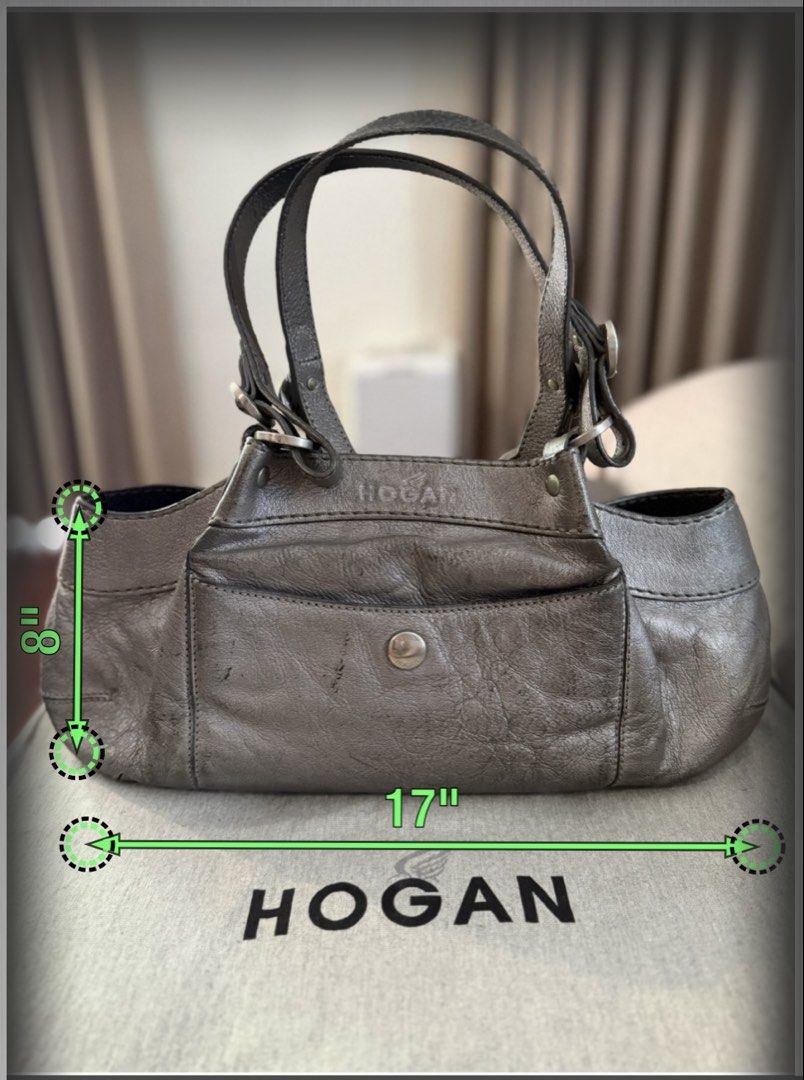 Hogan Metallic Leather Handbag (Category: Luxury Bags & Wallets) located in Makati City. Submitted by jcalmartz (Listing ID 1424365249, Image 2). Description: • ✅ Mini hobo / baguette silhouette • ✅ Double short top handles • ✅ Front flap pocket with snap button • ✅ Pebbled leather with visible natural creasing • ✅ Side buckle hardware detailing.