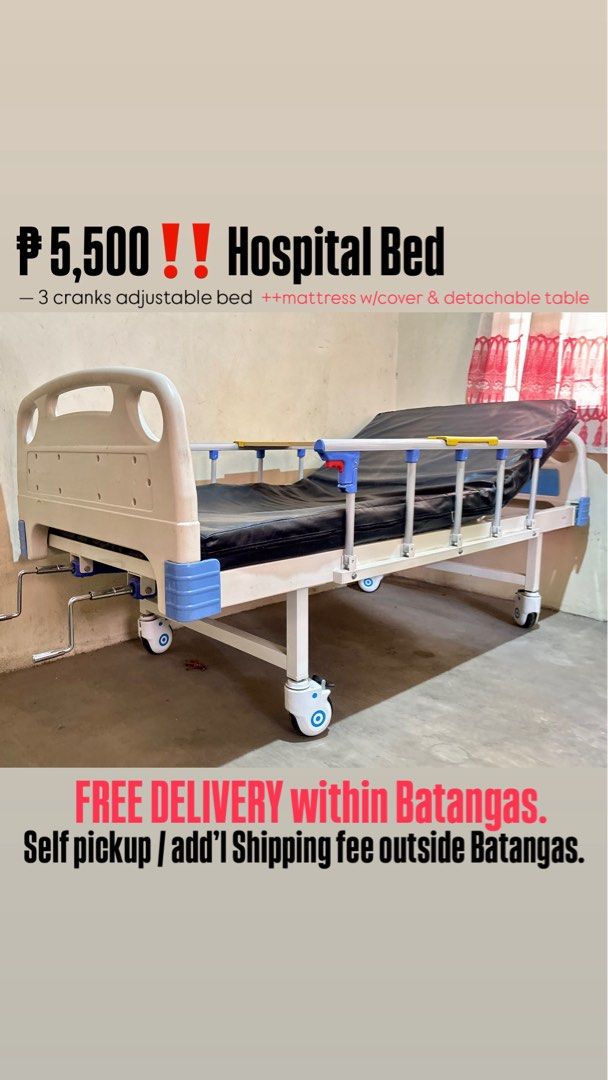 Hospital Bed - Free Delivery (within Batangas) (Category: Medical Supplies & Tools) located in Santa Teresita. Submitted by goodwarrior (Listing ID 1424403361, Image 1). Description: Php 5500. Free delivery within Batangas. Additional Shipping fee outside batangas..