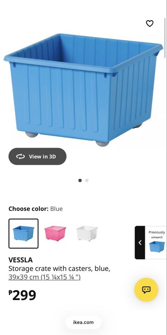 IKEA VESSLA toy Storage Crate with Casters (Category: Storage Boxes & Baskets) located in Manila. Submitted by artsygunda (Listing ID 1424358681, Image 2). Description: Good as new, need a bit of dusting/cleaning Not used at all. Just stored 4pcs available 3 lid available 290 each (with lid) 190 (one piece without lid) Take all 3pcs with lid + 1 without 1K --migrating.