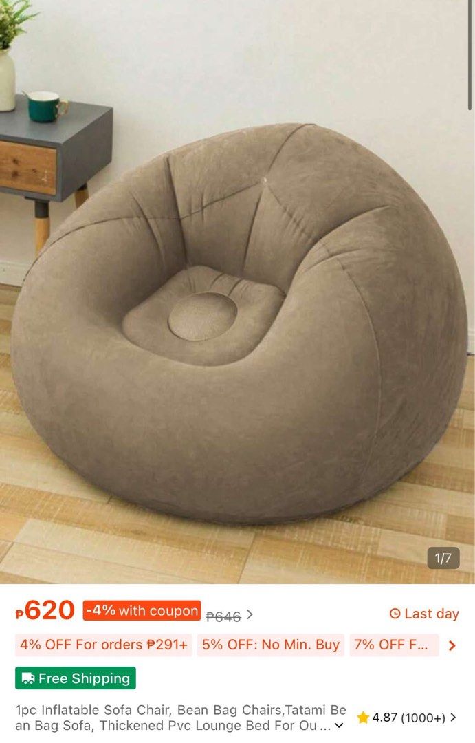 Inflatable Bean Bag Sofa Chair (Category: Sofas) located in Manila. Submitted by _chingchingcart (Listing ID 1424422935, Image 2). Description: - Inflatable sofa chair - Circular design - Comfortable central seating area - Neutral color - Suitable for various interior styles - Made of soft, durable material - Great for indoor or outdoor use can offer discount for bulk order.