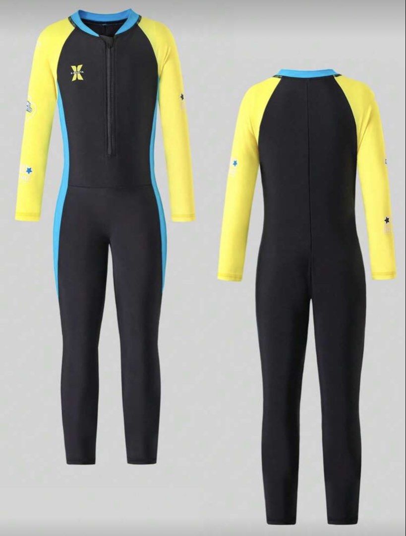 Kids' One-piece Swimsuit (Category: Babies & Kids Fashion) located in Quezon City. Submitted by merjv (Listing ID 1424440186, Image 2). Description: -One-piece swimsuit - Color: Black, Yellow, and Blue - Features a front zipper .