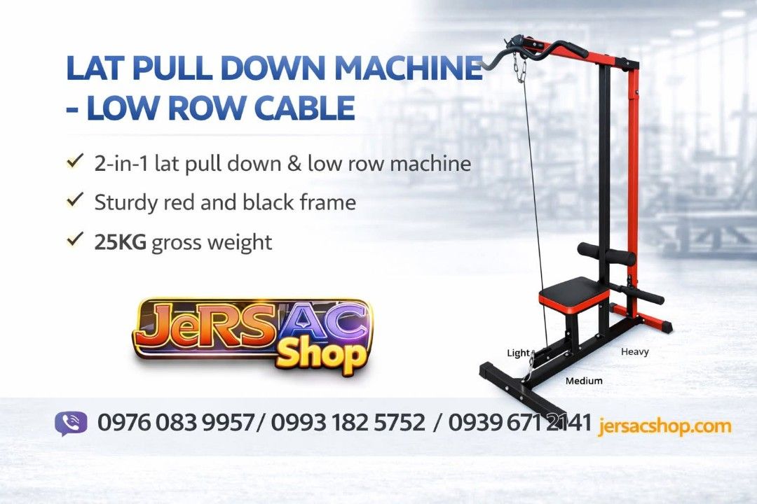 Lat Pull Down Machine - Low Row Cable (Category: Cardio & Fitness Machines) located in Manila. Submitted by simborios022535 (Listing ID 1424427557, Image 1). Description: - 2-in-1 Lat Pull Down & Low Row Machine - Sturdy red and black frame - 25KG gross weight - Perfect for home gym use - Easy to use and set up.