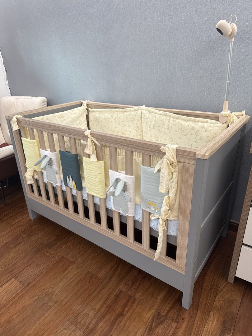 Mamas & Papas Harwell Crib (Category: Cots & Cribs) located in Caloocan City. Submitted by tidyhome.ph (Listing ID 1424426461, Image 3). Description: - Wooden baby crib - Grey / Natural Color - Mattress (add on price) - Bumper all included; can also include 1 set of bloster & pillow RFS: will be changing to floor bed.