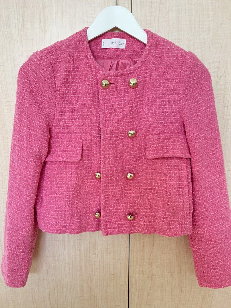 Mango Tweed Blazer (Category: Coats, Jackets and Outerwear) located in Santa Cruz. Submitted by beautsbees (Listing ID 1424481664, Image 2). Description: - Mango Tweed Blazer - Size: XS (EU 34) - Color: Pink - Features: Tweed fabric, gold buttons - Condition: Layered Condition: 4 - Brand: Mango - Stylish and versatile design.