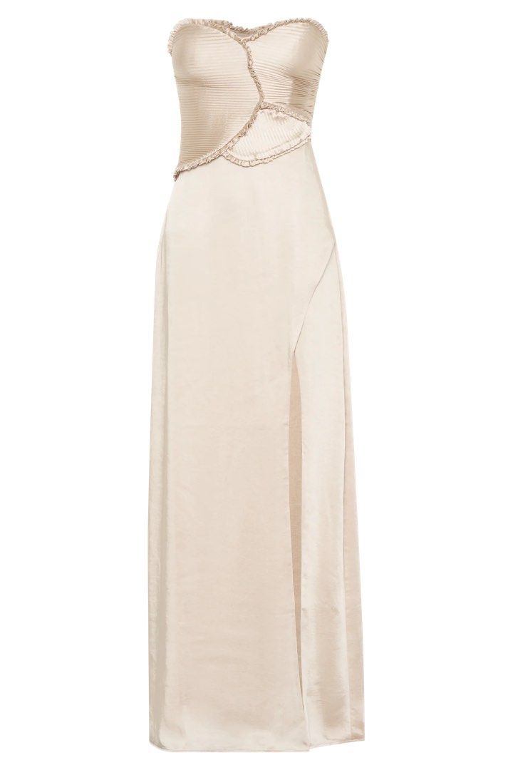 Meshki Blush Gold Satin Gown (Category: Evening dresses & gowns) located in Cebu City. Submitted by denisedeclutters (Listing ID 1424355704, Image 1). Description: - Strapless neckline - Customed length to fit 5-5’1 ft - Front leg slit - Centre back zip closure - Only used once for oath taking (Filipiñiana sleeves not included) - Bought this for 13k (Gown w/ Shipping cart fee, service fee & cross border fee) - Open for Rent (500 per day) - For Sa