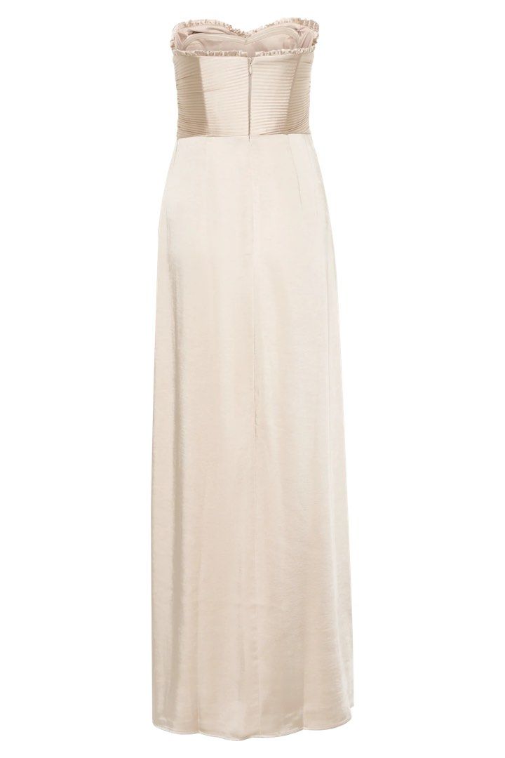 Meshki Blush Gold Satin Gown (Category: Evening dresses & gowns) located in Cebu City. Submitted by denisedeclutters (Listing ID 1424355704, Image 2). Description: - Strapless neckline - Customed length to fit 5-5’1 ft - Front leg slit - Centre back zip closure - Only used once for oath taking (Filipiñiana sleeves not included) - Bought this for 13k (Gown w/ Shipping cart fee, service fee & cross border fee) - Open for Rent (500 per day) - For Sa
