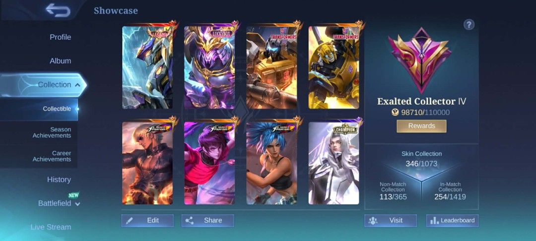 Mobile Legends Account - Exalted Collector IV (Category: Others) located in Manila. Submitted by scribble.diddle (Listing ID 1424474094, Image 2). Description: WTS | EXALTED COLLECTOR IV | 347 SKINS | CLEAN BIND Price: 2.5k Skin Count: 347 Skins Collector Level: Exalted Collector IV Top Skins: - Roger "Grimlock" Transformers Collab - Natalia "Guardian of Death" (Collector) - Badang "Fist of Zen" (Collector) Current Rank: Epic II TERMS: Mode of Pa