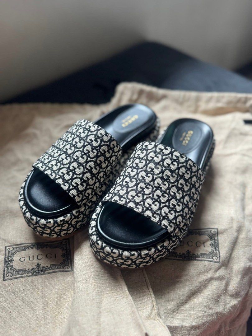 ONHAND- Gucci GG Canvas Platform Sandals (Category: Flats & Sandals) located in Manila. Submitted by issavee (Listing ID 1424340870, Image 3). Description: - Authentic Gucci platform sandals - Iconic GG canvas - Black leather footbed - Platform sole - Gucci logo detail - Includes dust bag - Perfect for everyday wear - Size 36.5 only - Onhand and ready to ship - Local sf c/o buyer.