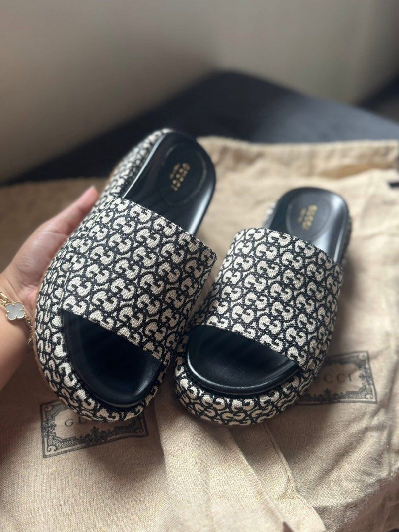 ONHAND- Gucci GG Canvas Platform Sandals (Category: Flats & Sandals) located in Manila. Submitted by issavee (Listing ID 1424340870, Image 1). Description: - Authentic Gucci platform sandals - Iconic GG canvas - Black leather footbed - Platform sole - Gucci logo detail - Includes dust bag - Perfect for everyday wear - Size 36.5 only - Onhand and ready to ship - Local sf c/o buyer.