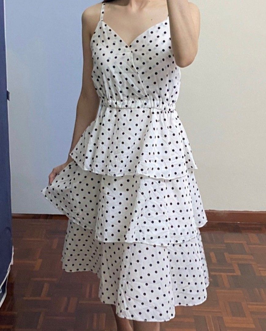 Polka Dot Tiered Cake Layered Dress (Adjustable Strap) (Category: Dresses) located in Balanga. Submitted by ms.parkfilter (Listing ID 1424382077, Image 2). Description: Polka Dot Tiered Cake Layered Dress (Adjustable Strap) - Size SMALL-MEDIUM (garterized waistband) - Tiered design - Spaghetti straps (adjustable) - Fitted waist - V-neckline - Midi length - Lightweight fabric.