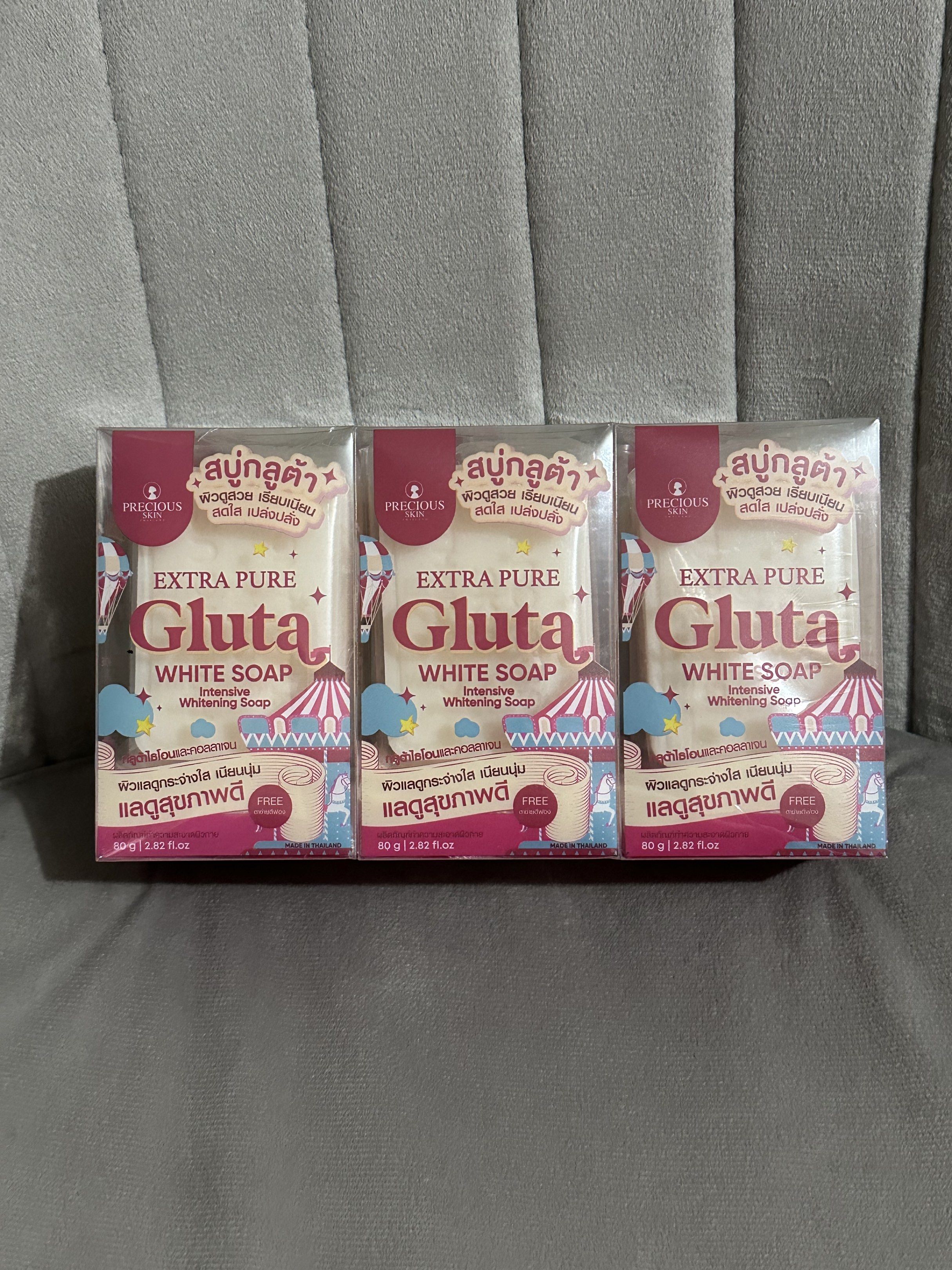 Precious Skin Soaps from Thailand (Category: Bath) located in Mandaluyong City. Submitted by airenepz (Listing ID 1424469835, Image 1). Description: Precious Skin Soaps from Thailand Available Types: - Niacinamide (4pcs) - Gold 24K (4pcs) - Extra Pure Gluta (4pcs) - Snail Body White Collagen (3pcs) - Vitamin E (3pcs) - Alpha Arbutin (3pcs) - Serum Vit C Lemon (2pcs) - Snail Body White Gold (1pc) - Sizes: 80g (except Snail Body White Gold Soap - 7