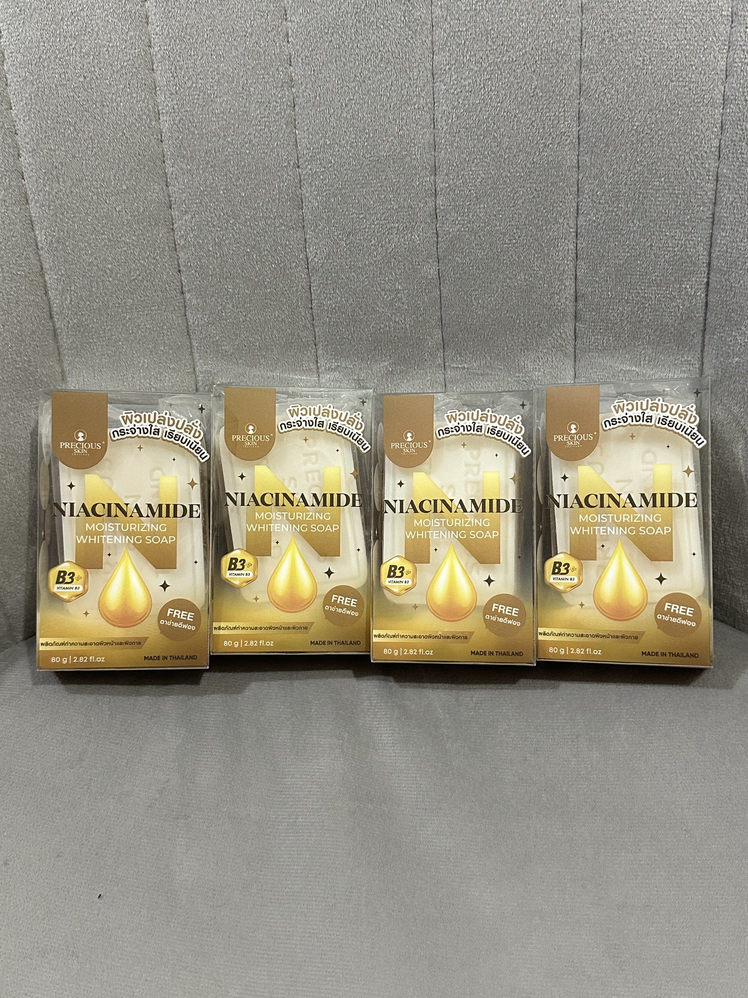 Precious Skin Soaps from Thailand (Category: Bath) located in Mandaluyong City. Submitted by airenepz (Listing ID 1424469835, Image 3). Description: Precious Skin Soaps from Thailand Available Types: - Niacinamide (4pcs) - Gold 24K (4pcs) - Extra Pure Gluta (4pcs) - Snail Body White Collagen (3pcs) - Vitamin E (3pcs) - Alpha Arbutin (3pcs) - Serum Vit C Lemon (2pcs) - Snail Body White Gold (1pc) - Sizes: 80g (except Snail Body White Gold Soap - 7