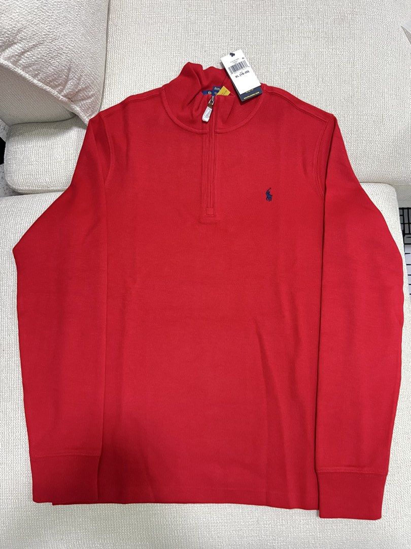 Ralph Lauren Red Quarter-Zip Sweater (Category: Coats, Jackets and Outerwear) located in Porac. Submitted by tmdsbl (Listing ID 1424506523, Image 1). Description: Ralph Lauren Quarter Zip Fits Xs-Medium mens Boys size(kaya mas mura compared sa adult size, pero same na same yung quality) i can send you a quick comparison. Brand new & authentic. .