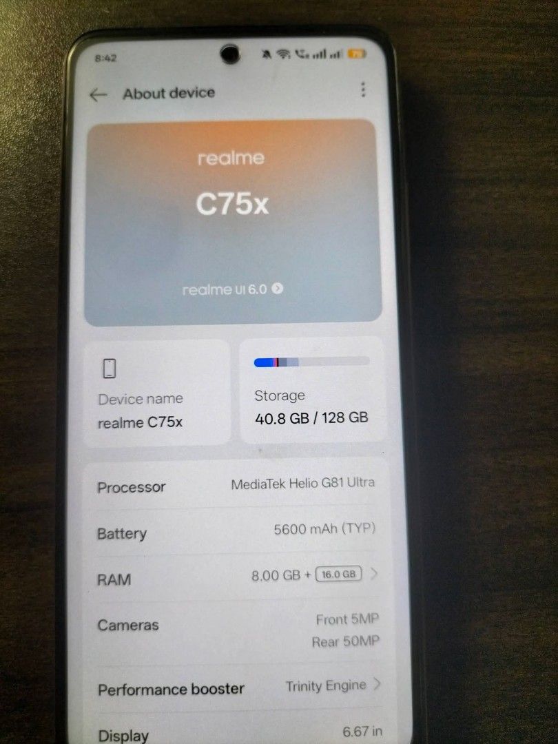 Realme c75x (Category: Realme) located in Manila. Submitted by grandtiger.ddac66 (Listing ID 1424394486, Image 3). Description: Realme C75x (unit only) 4.5k 6.67-inch IPS LCD, 120Hz MediaTek Helio G81 Ultra IP66/IP68/IP69 water and dust resistance. 5600 mAh 8GB Ram (expandable) 128GB storage No issue 📍Tanay Rizal.