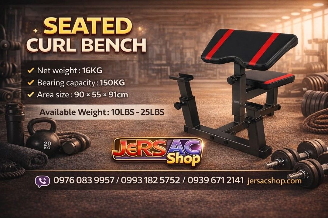 Seated Curl Bench (Category: Weights & Dumbbells) located in Manila. Submitted by simborios022535 (Listing ID 1424427683, Image 1). Description: Seated curl bench is designed for effective arm workouts. It has a net weight of 16KG and a bearing capacity of 150KG. The area size is 90 x 55 x 91cm. Available weights range from 10LBS to 25LBS. Perfect for home gyms or fitness enthusiasts looking to build arm strength..