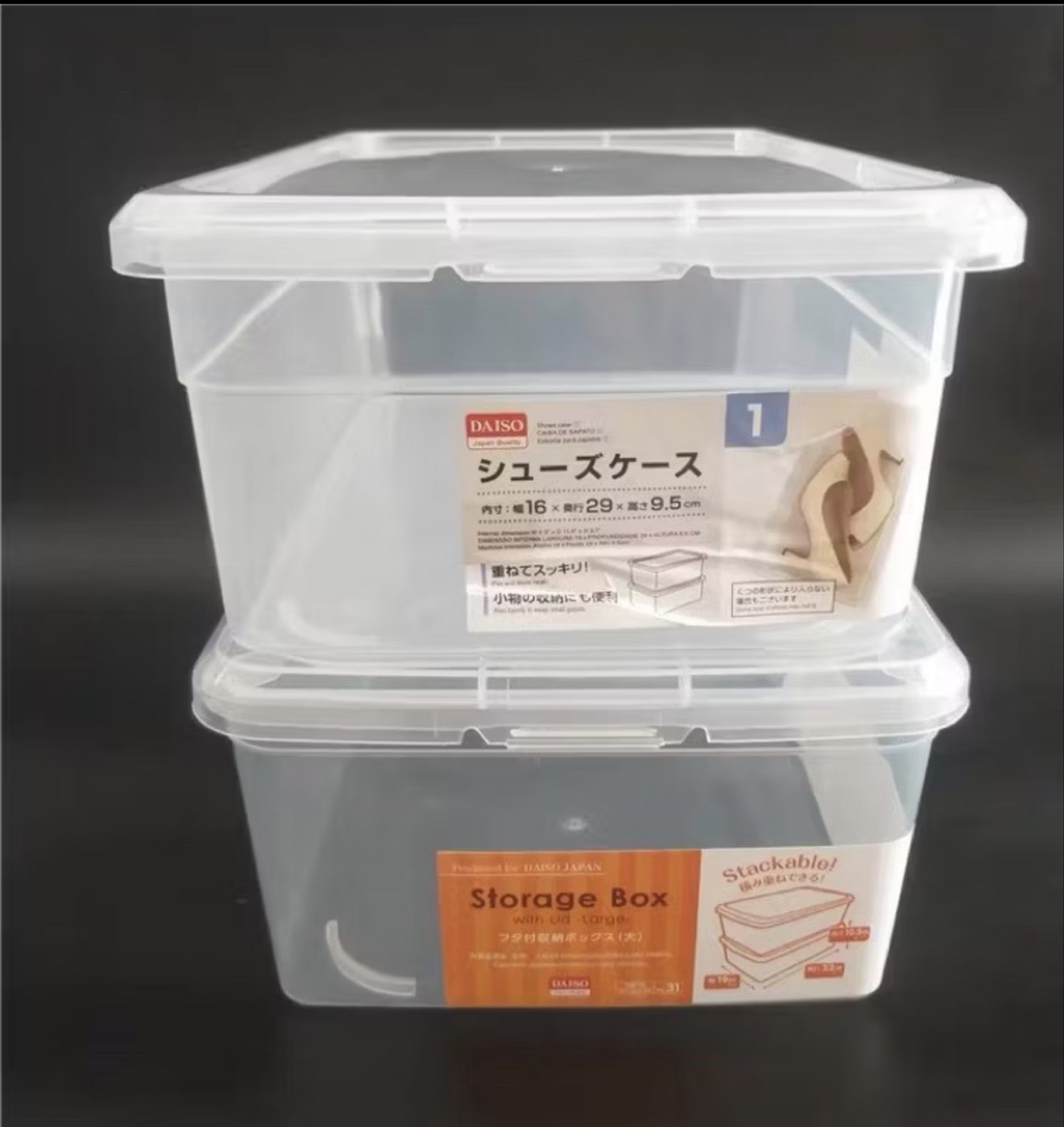 Stackable Storage Boxes with Lids-daiso (Category: Storage Boxes & Baskets) located in Singapore. Submitted by linnike (Listing ID 1424151587, Image 2). Description: Take all 8 pcs for $5 Size 16*29*9.5.