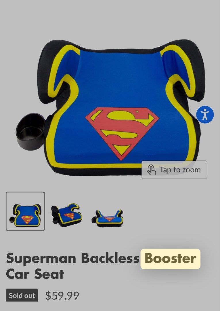 Superman Backless Booster Car Seat (Category: Car Seats) located in Cainta. Submitted by phoy8910 (Listing ID 1424357670, Image 1). Description: - Superman backless booster car seat - Vibrant blue design with Superman logo - Features black and yellow accents - Includes a built-in cup holder - Backless design for easy installation - Comfortable and safe for your child.