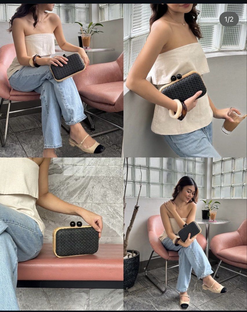 Amica Studios Rue clutch bag (Category: Clutches) located in Valenzuela. Submitted by lokithepug (Listing ID 1424438727, Image 2). Description: - Stylish woven clutch bag - Features a chain strap - Rectangular shape with wooden frame - Secure clasp closure Brandnew, not used Rfs: rusty na ung part where you'll put the chain strap. But it is not obvious at all 2300 on website, but will be selling low. +free sf via jnt.