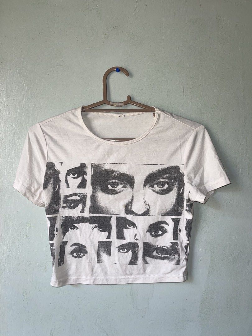 y2k eyes graphic cropped top (Category: Shirts) located in Manila. Submitted by declutterwithbea (Listing ID 1424424007, Image 1). Description: unique eye print design! length: 16” width: 17” .