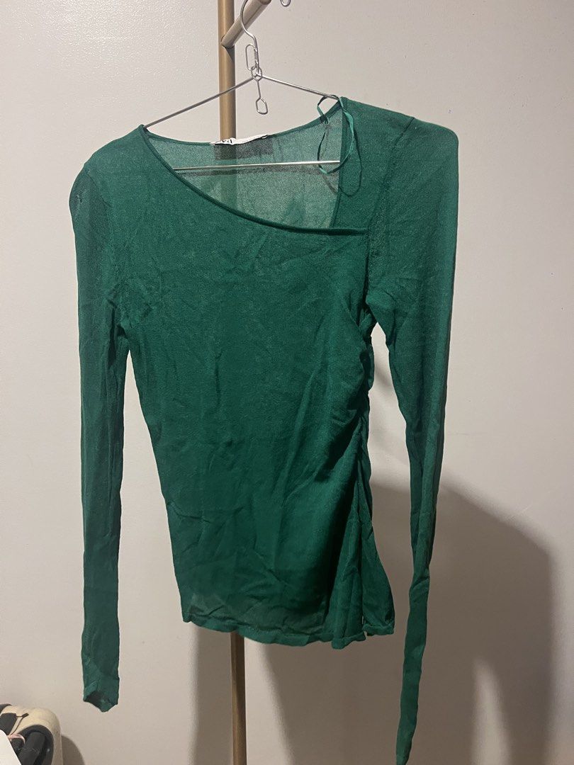 Zara Green Long Sleeve Mesh Top (Category: Longsleeves) located in Makati City. Submitted by audreyngoldilocks (Listing ID 1424485010, Image 2). Description: - Size S, used once - with run on right sleeve - Asymmetrical neckline - Ruched detailing.