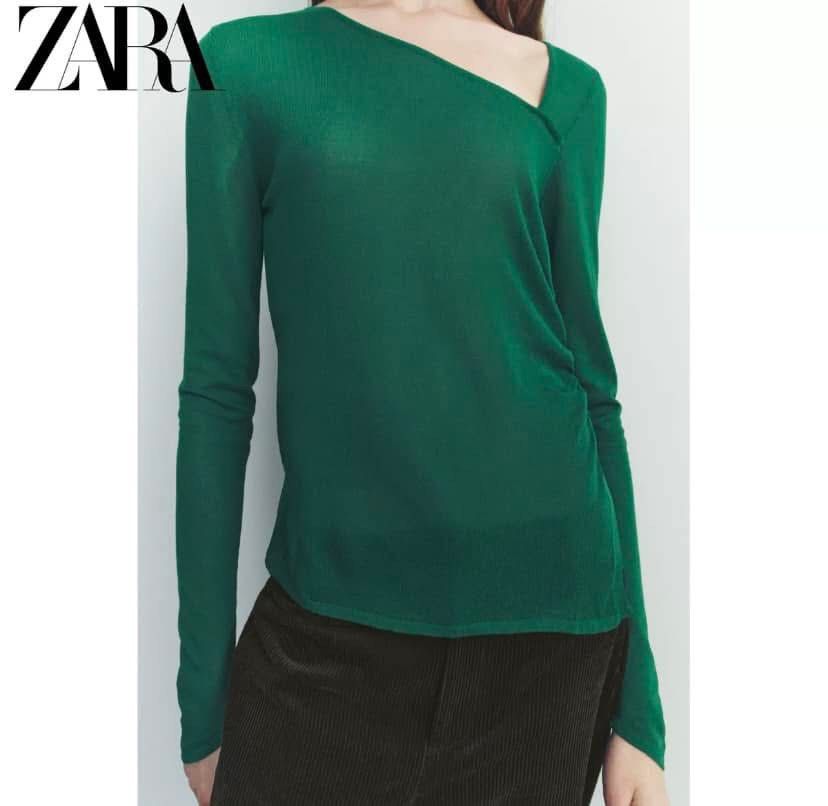 Zara Green Long Sleeve Mesh Top (Category: Longsleeves) located in Makati City. Submitted by audreyngoldilocks (Listing ID 1424485010, Image 1). Description: - Size S, used once - with run on right sleeve - Asymmetrical neckline - Ruched detailing.