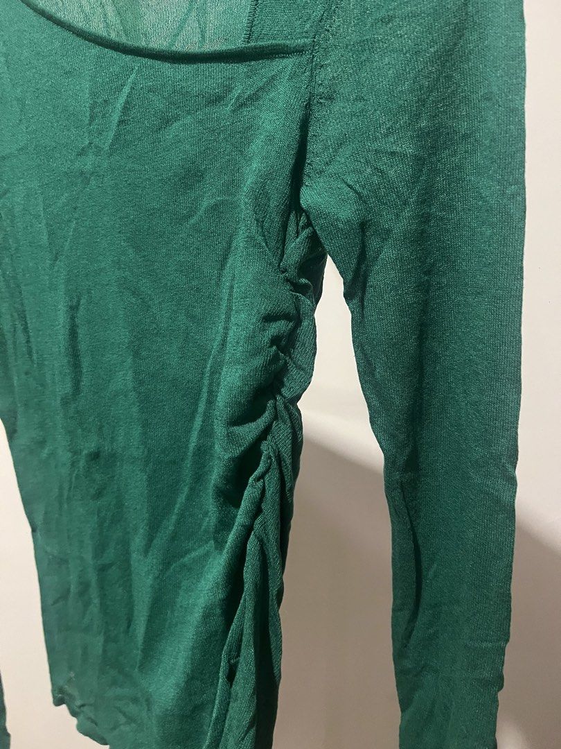 Zara Green Long Sleeve Mesh Top (Category: Longsleeves) located in Makati City. Submitted by audreyngoldilocks (Listing ID 1424485010, Image 3). Description: - Size S, used once - with run on right sleeve - Asymmetrical neckline - Ruched detailing.