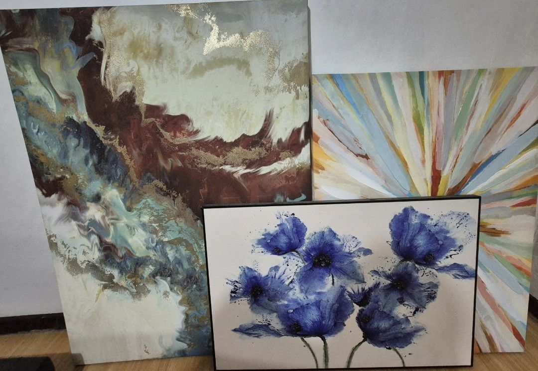Abstract Art Paintings Set (Category: Art & Prints) located in Muntinlupa City. Submitted by el_dritchknight (Listing ID 1429254617, Image 1). Description: Contemporary Paintings ✨️Special Mother's Birthday Sale - P2500 each✨️ Perfect for: Furnishing a new home, condo, office, or Airbnb unit with ready-made art! 1️⃣ Large Abstract Canvas with Gold Accents - Size: Approx 36" x 48" (90cm x 120cm). Features stunning gold/metallic leaf details. Unfra