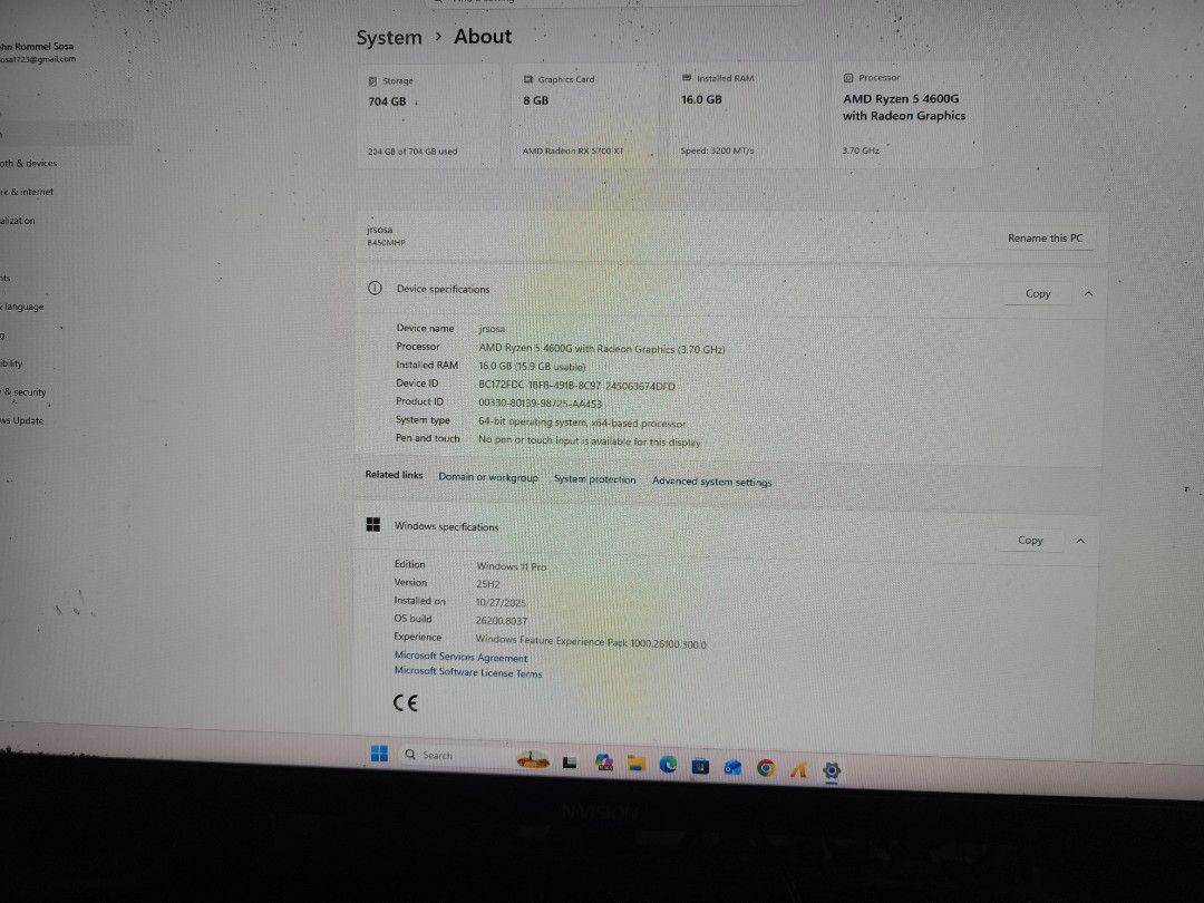 AMD Ryzen 5 5600G Desktop PC (Category: Desktops) located in Manila. Submitted by wilddolphin-25b7 (Listing ID 1429228887, Image 1). Description: 🔥 FOR SALE: Gaming PC Set – Ready to Use 🔥 💰 Price: ₱25,000 (slightly negotiable) 📍 Location: [Your location] 🖥️ SPECS: • Processor: AMD Ryzen 5 4600G (3.7GHz) • Graphics Card: Radeon RX 5700 XT (8GB) • RAM: 16GB (3200MHz) • Storage: 700GB+ (SSD/HDD) • OS: Windows 11 Pro (Activated) 🎮 Good for: ✔ 