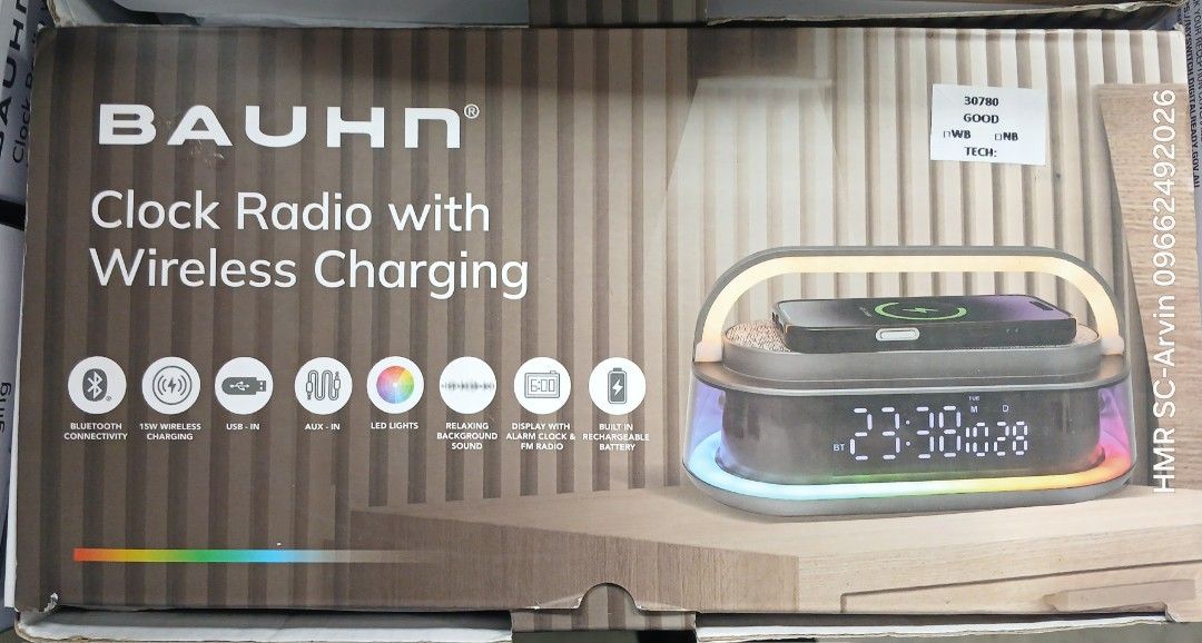 BAUHN Clock Radio with Wireless Charging (Category: Clocks) located in Manila. Submitted by sc_arvin (Listing ID 1429216100, Image 1). Description: BAUHN clock radio features wireless charging, Bluetooth connectivity, and a built-in battery. It also includes a USB port, FM radio, and LED lights. The clock displays the time clearly. It's a versatile device for your bedside or desk..