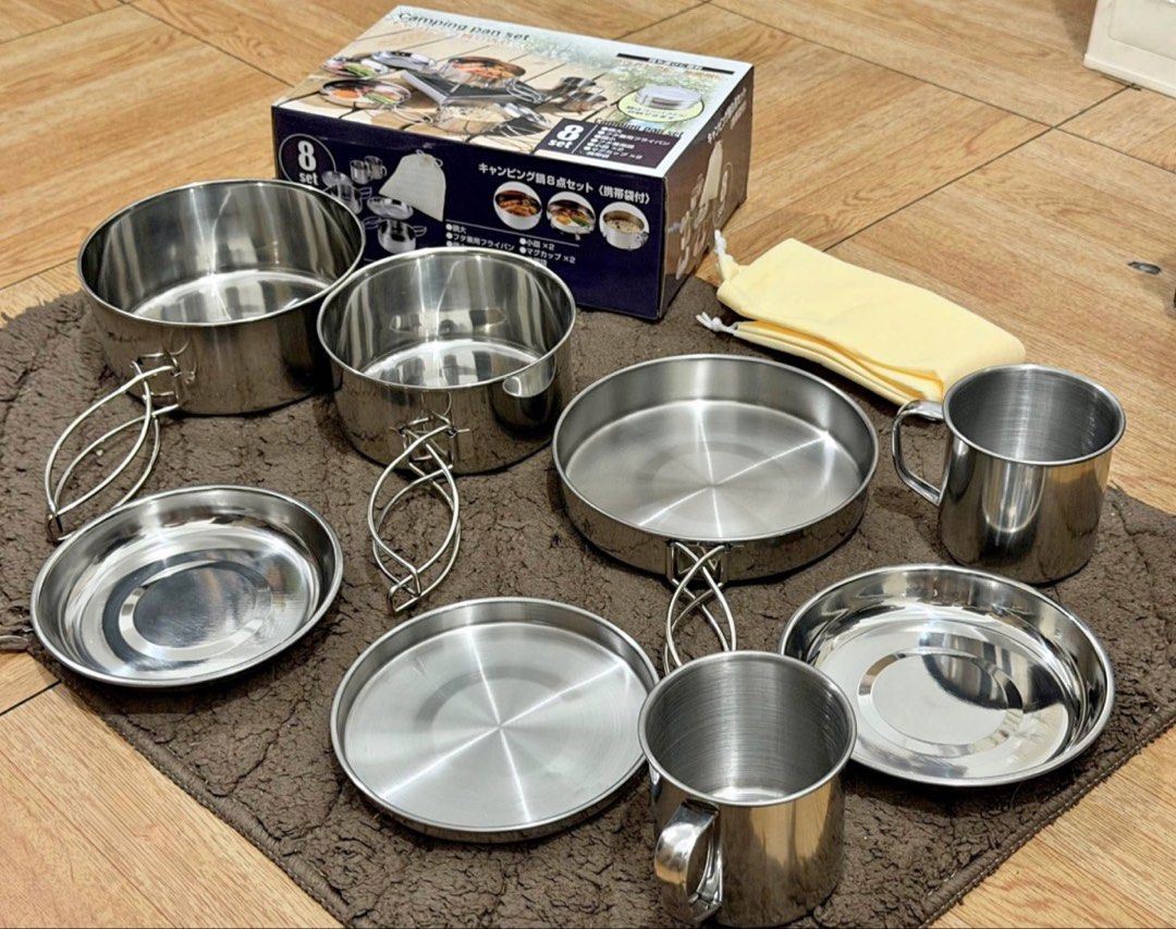 Camping Pan Set 8-Piece Stainless Steel (Category: Hiking & Camping) located in Pasig City. Submitted by sansabelles (Listing ID 1429273074, Image 1). Description: Camping pan set includes 8 pieces, perfect for outdoor cooking. The set features stainless steel pots, pans, and mugs. The set comes with a box for easy storage and transport..