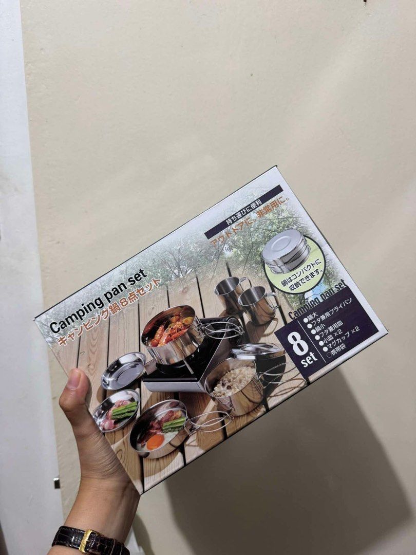 Camping Pan Set 8-Piece Stainless Steel (Category: Hiking & Camping) located in Pasig City. Submitted by sansabelles (Listing ID 1429273074, Image 2). Description: Camping pan set includes 8 pieces, perfect for outdoor cooking. The set features stainless steel pots, pans, and mugs. The set comes with a box for easy storage and transport..