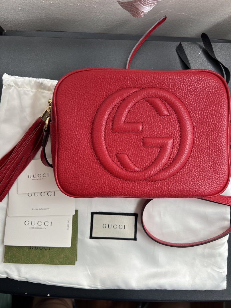 Gucci Soho Disco Bag Red (Category: Luxury Bags & Wallets) located in Antipolo. Submitted by sisonmichelle (Listing ID 1429283123, Image 2). Description: Authentic Gucci Soho Disco bag - Color: Red - Features: - Zip closure - Tassel - Detachable shoulder strap - Iconic interlocking GG logo - Includes dust bag and authenticity cards - Interior pocket with Gucci label Location: Antipolo MOP: BPI, Landbank or Gcash .