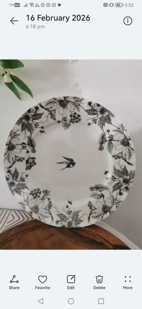 Dinner Plates H&M Home Decorative Plate 12 pcs (Category: Dinnerware & Cutlery) located in Las Pinas. Submitted by budget_buys29 (Listing ID 1429190914, Image 1). Description: Decorative plate from H&M Home features a black and white floral design with a bird in the center. It is made in Bangladesh. The plate has a white background with a black floral border. The back of the plate has the H&M Home logo and care instructions..