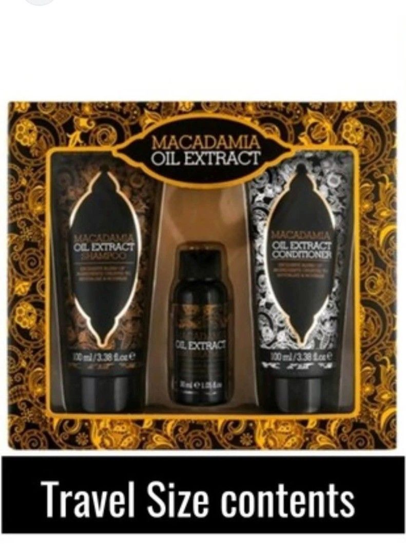 Macadamia Oil Extract Hair Care Set (Category: Hair) located in Quezon City. Submitted by moonchayo (Listing ID 1429280830, Image 2). Description: MACADAMIA OIL EXTRACT HAIR CARE SET Perfect gifts to your love ones Set includes 100ml shampoo 100ml conditioner 30ml oil extract hair treatment.