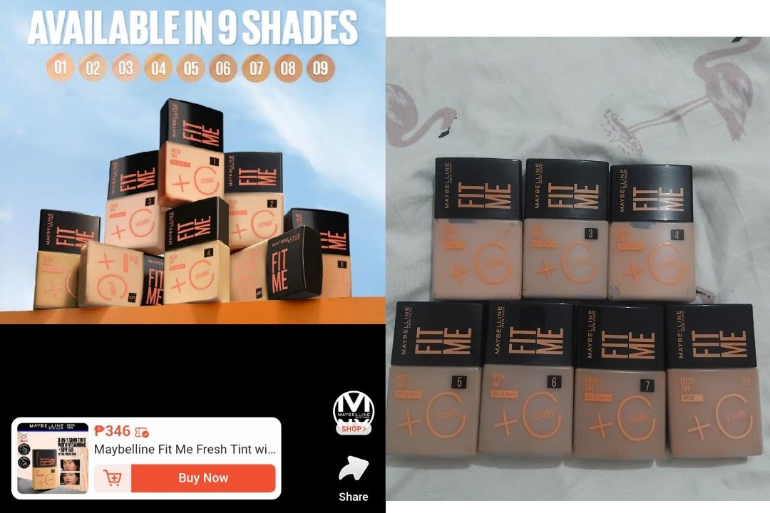 Maybelline Fit Me Fresh Tint (Category: Makeup) located in Taguig. Submitted by louis_declutters (Listing ID 1429287507, Image 1). Description: Maybelline Fit Me Fresh Tint available in 9 shades. The image shows multiple units of the product. The price is ₱346. The product is a foundation..