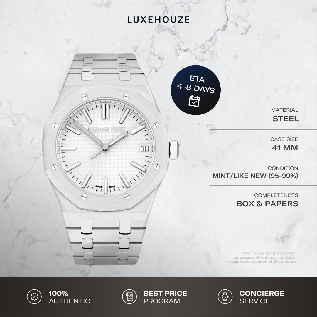 Mint 2024 Audemars Piguet Royal Oak 41 15510ST.OO.1320ST.08 15510ST Silver (Category: Watches) located in Singapore. Submitted by luxehouze (Listing ID 1404012065, Image 1). Description: READY FOR EXTRA DEALS? Join our Community for special offers and latest arrivals! //bit.ly/LHWatchesSG Luxehouze is your trusted marketplace to buy and sell luxury goods. Luxehouze SG Pte Ltd is a licensed luxury goods marketplace and regulated dealer. WHY US? 10