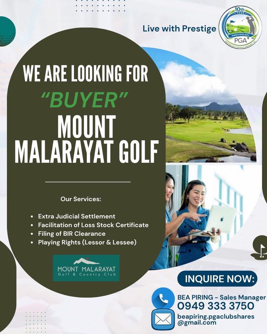 ⛳️Mt. Malarayat Golf Share (Category: Golf) located in Muntinlupa City. Submitted by beapring.pgaclubshares (Listing ID 1429212286, Image 1). Description: ⛳️ Happy Monday! Start your week with a smart investment Good Day! This is Bea from PGA Clubshares, Inc. Are you looking for premium golf club shares? We currently have available sellers for the following: • Anvaya Golf Club • Manila Southwoods • Mount Malarayat • Riviera Golf Club Secure your 