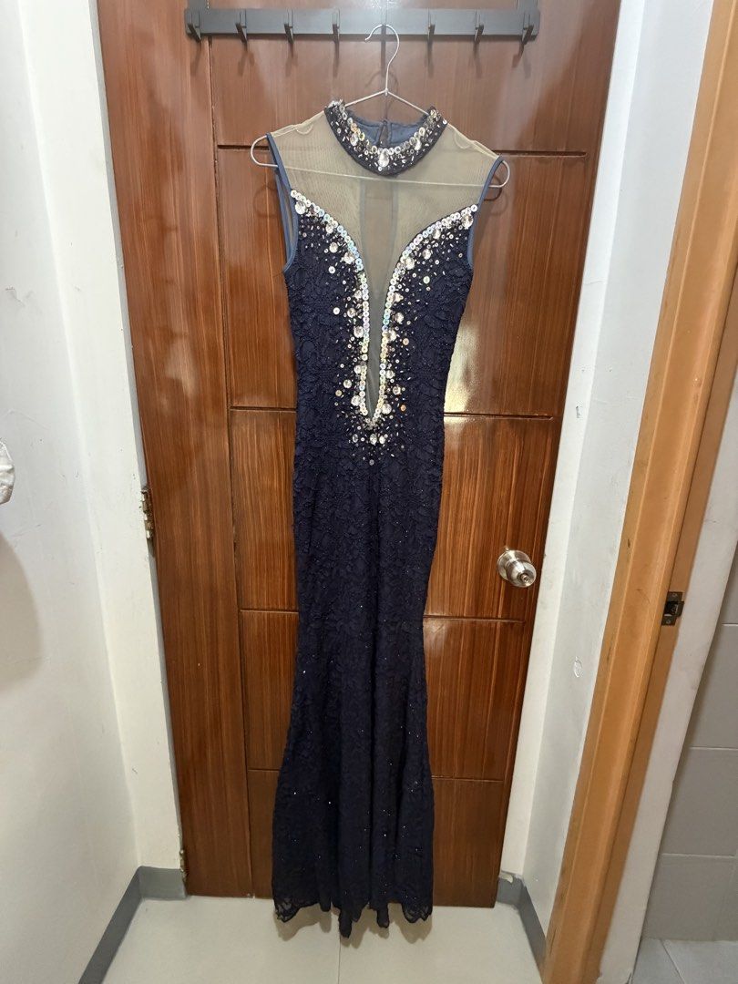 Navy Blue Embellished Evening Gown (Category: Evening dresses & gowns) located in Marikina City. Submitted by ukayshopping (Listing ID 1429174523, Image 3). Description: Small to Medium Mermaid Style bottom Prom Gown, Night Gown, Red Carpet Gown Dark Blue .