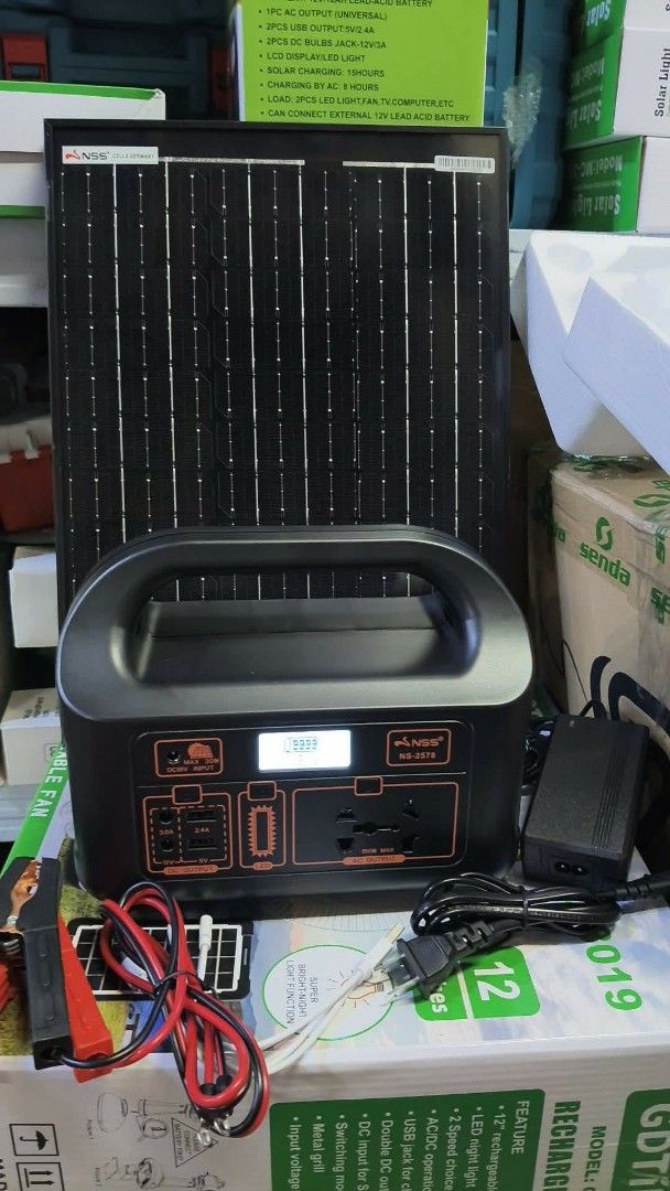 NSS Portable powet station Solar Charging Kit (Category: Chargers & Cables) located in Manila. Submitted by minidivisoria (Listing ID 1429277006, Image 1). Description: Solar Power Station with Solar Panel Set for Home Outdoor Power 150watts.